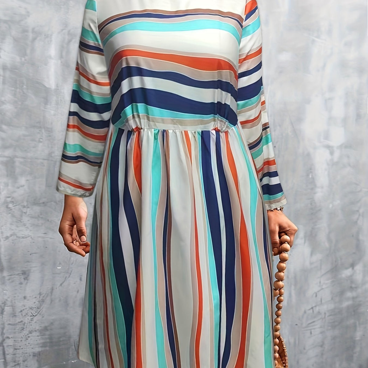  Stripe Print Long Sleeve Round Neck Mini Dress