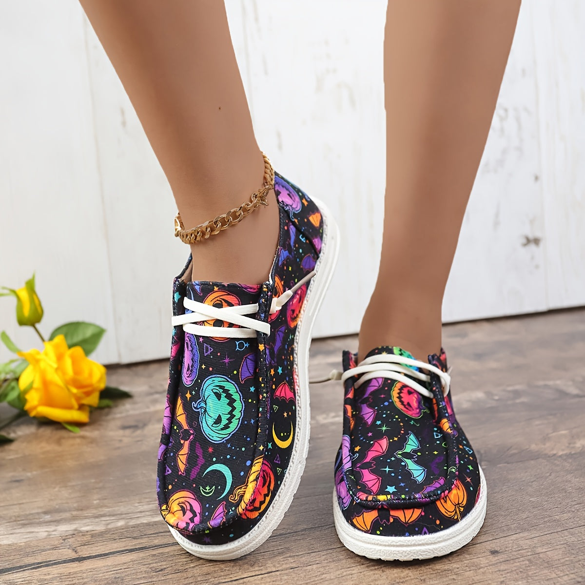 Women's Halloween Bat & Pumpkin Print Shoes Lace Up Canvas Low Top Sneakers