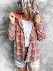  Plaid Print Button Up Hooded Shirt Coat