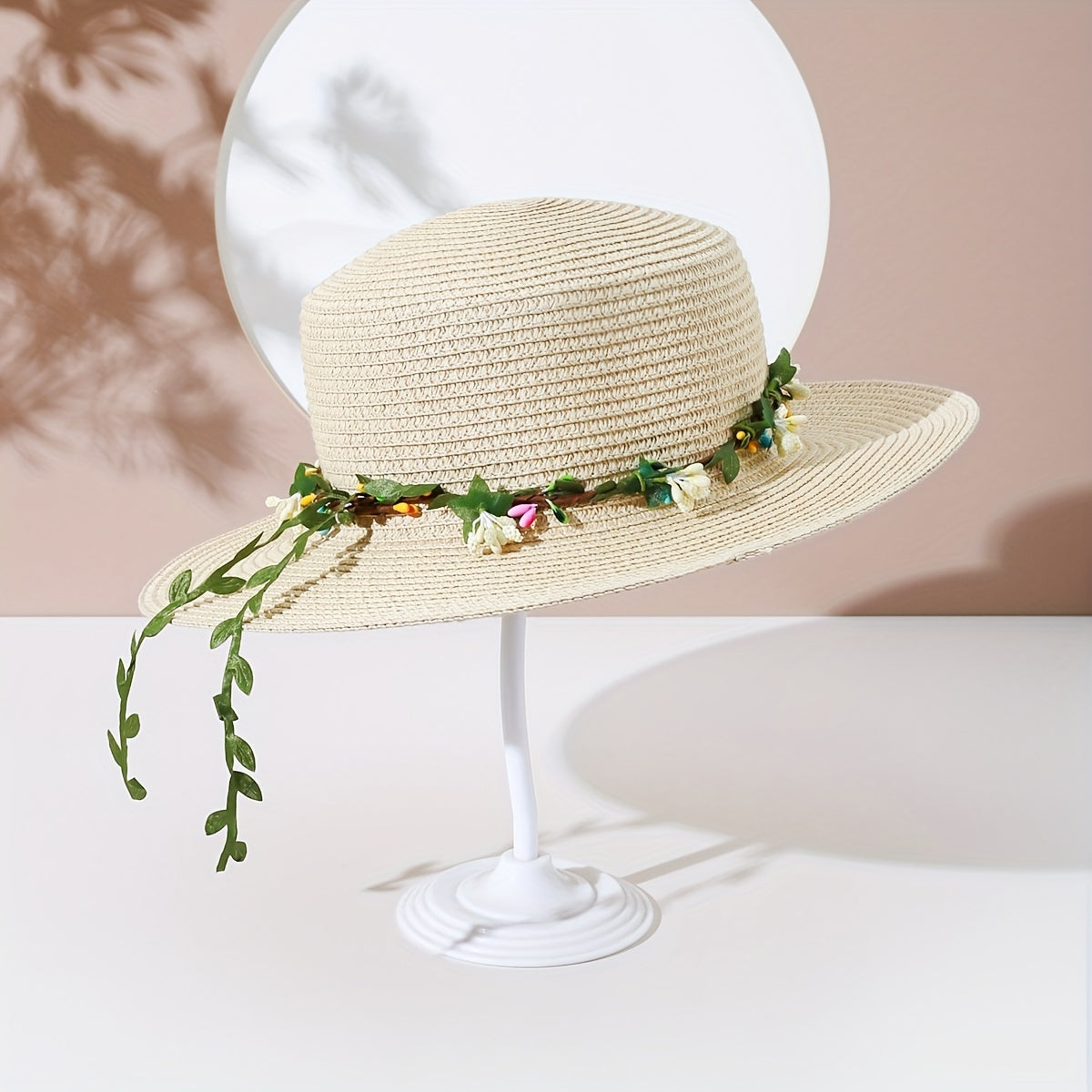 Green Garland Braided Sun Hat Easter Beige Straw Hat Flat Top Fedora Cap