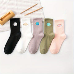 5 Pairs Planet Embroidery Print Socks Women's Mid Tube Stockings