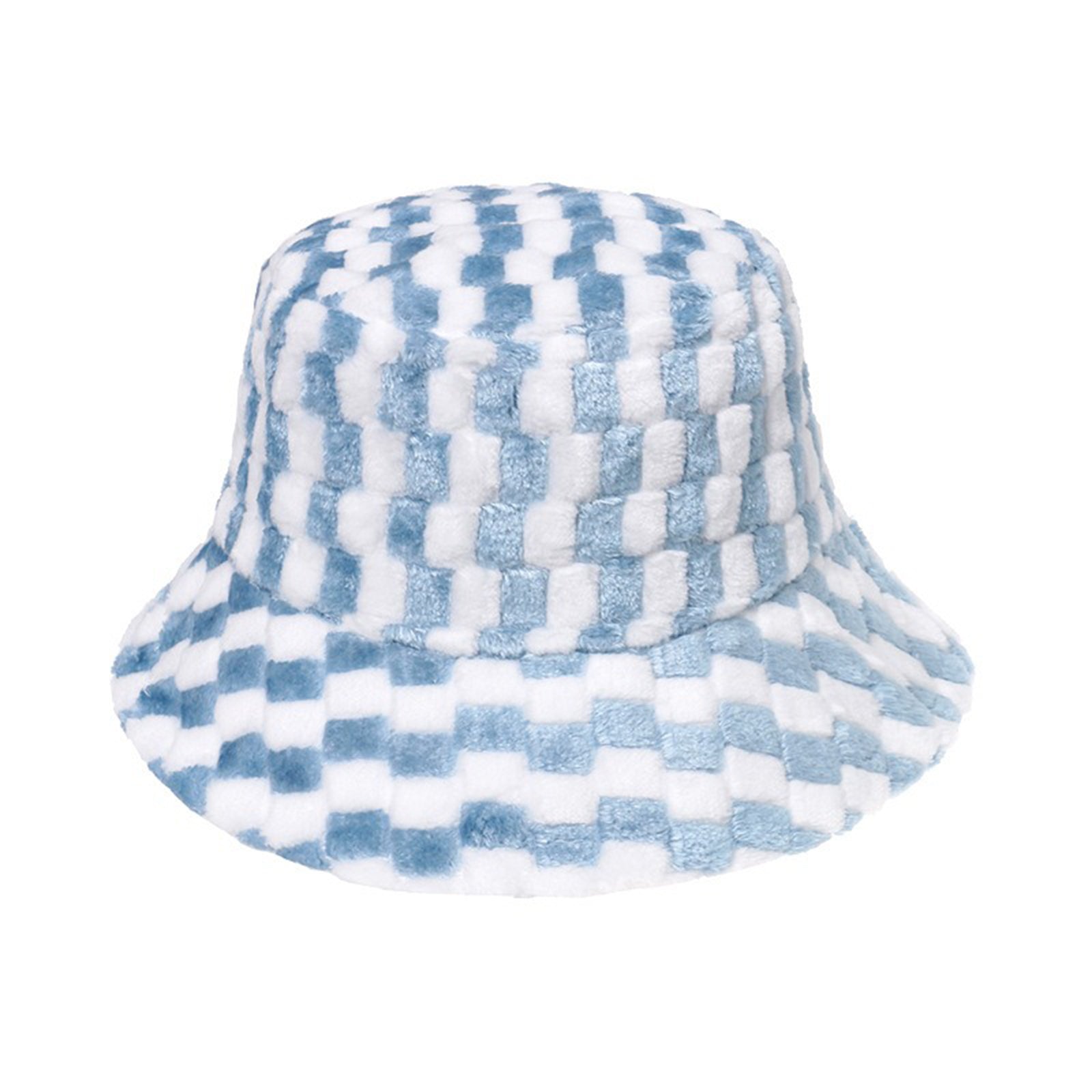 Women's Plaid Faux Fur Bucket Hat Warm Fisherman Hat for Cold Weather