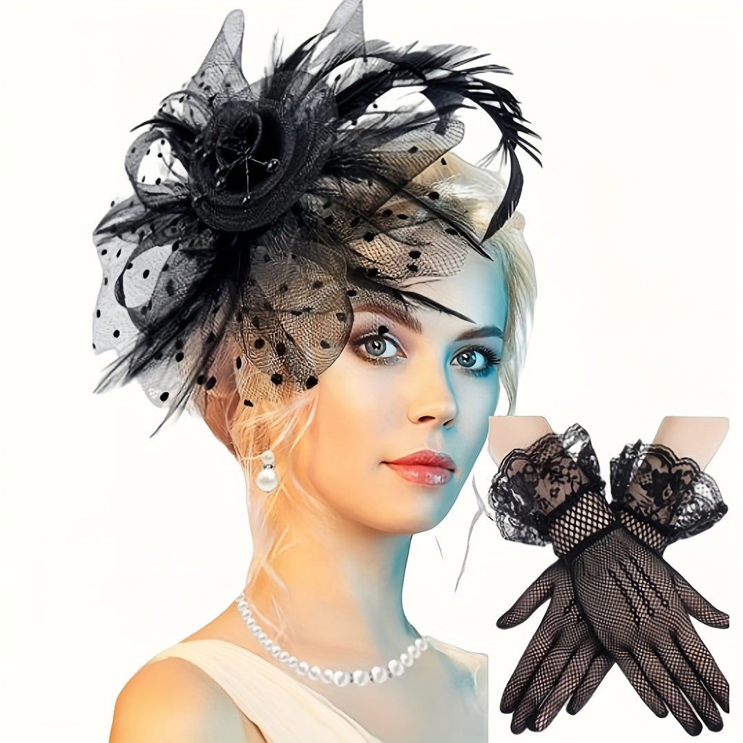 3PCS Fascinators Hat Gloves Sets Feather Flower Pearl Headband Pillbox Veil