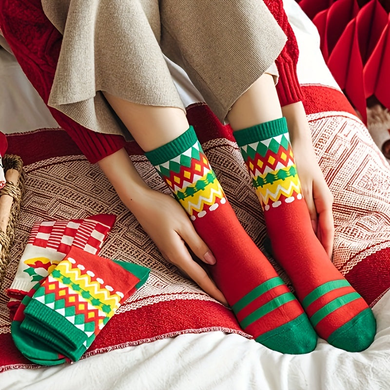 5 Pairs Christmas Print Socks Women's Mid Tube Stockings