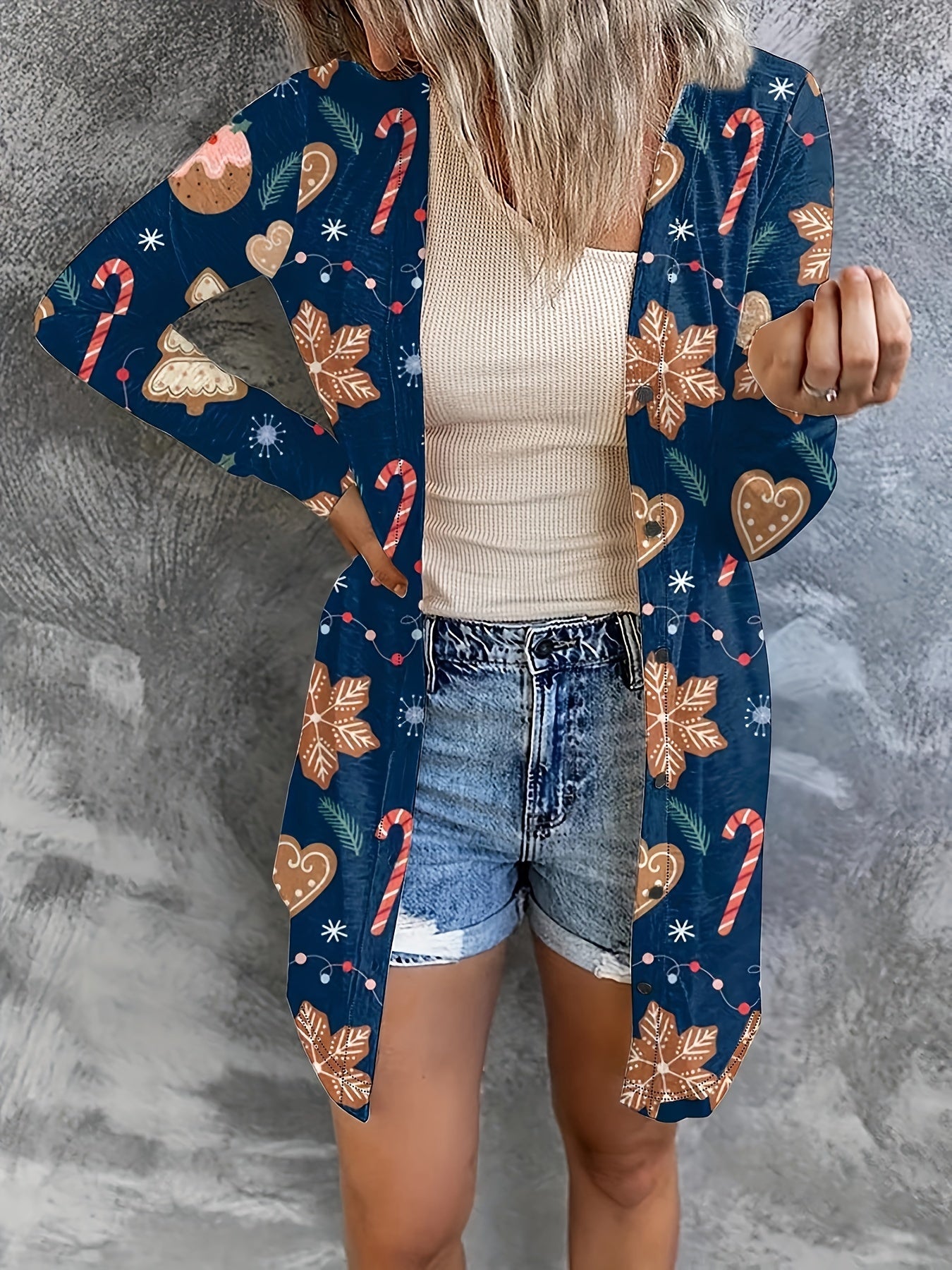  Christmas Casual Cardigan Women's Plus Graphic Print Long Sleeve