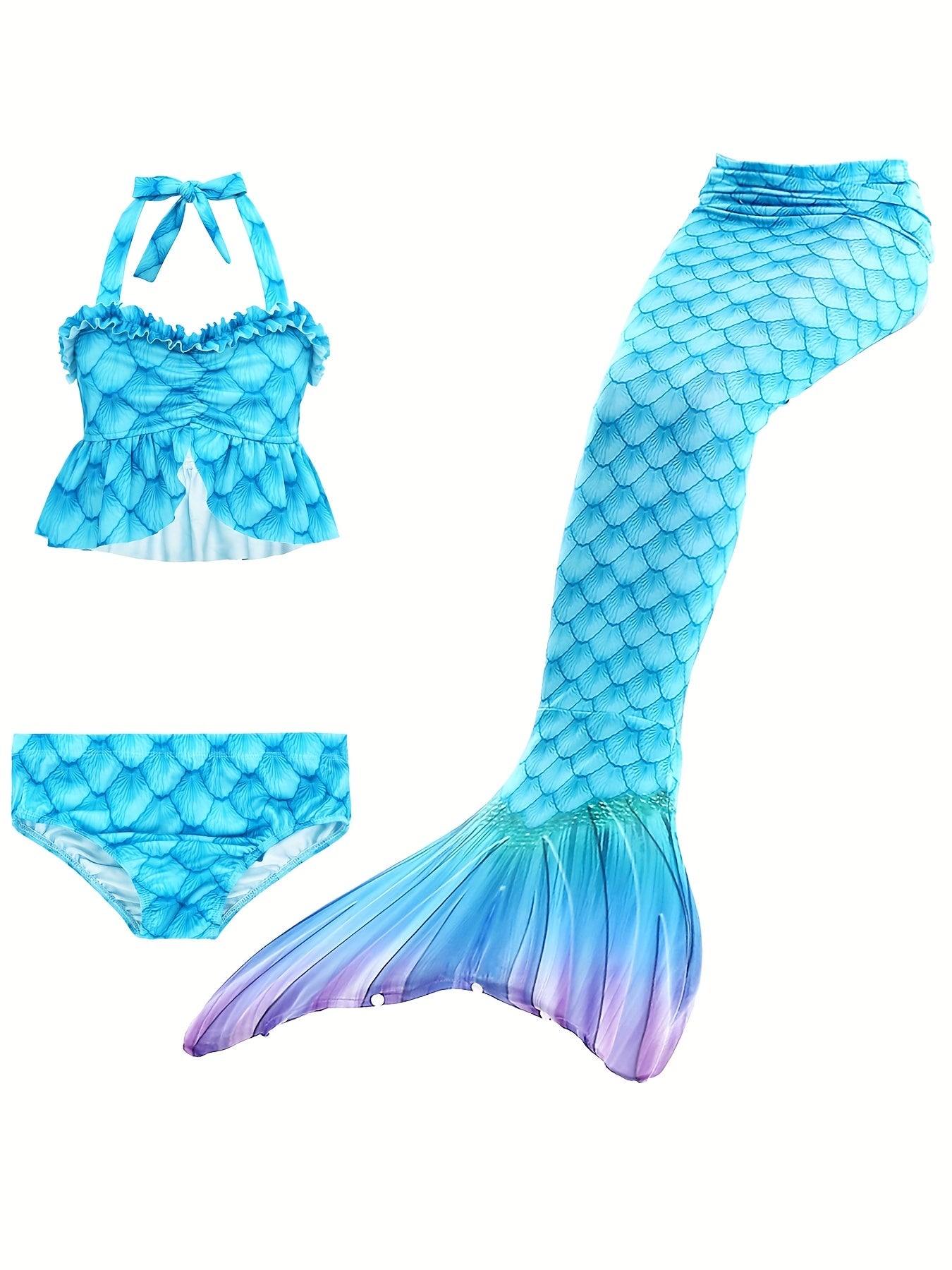 Girls Mermaid Swimsuit 3pcs Halter Bikini Set & Mermaid Tail