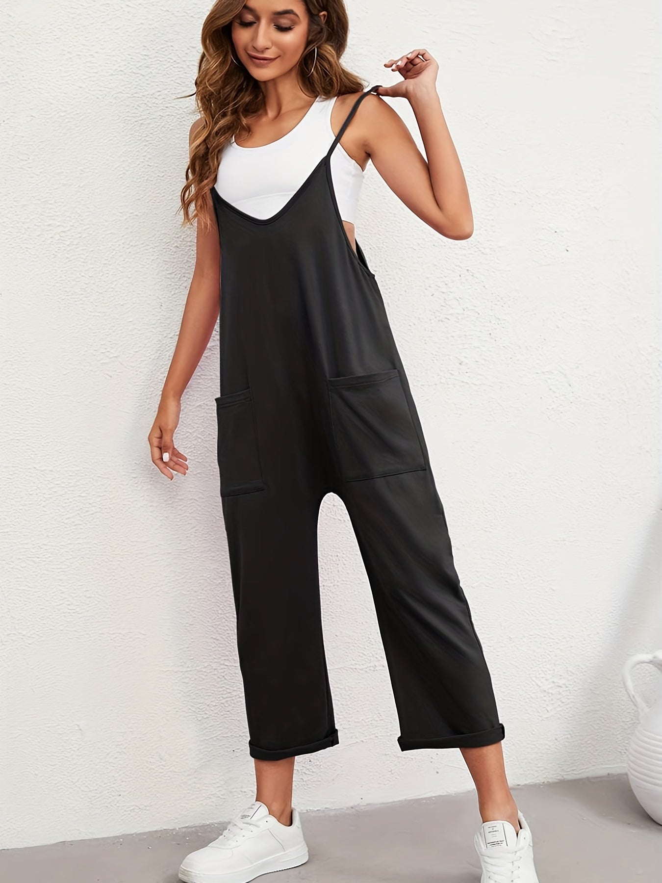 Plunging Jumpsuit Sleeveless Solid Jumpsuit With Pockets Women's Clothing