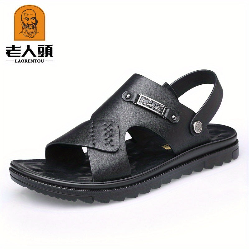LAORENTOU Men's Leather Non Slip Sandals Wear resistant Comfy Beach Shoes