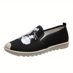 Women's Cartoon Print Flat Loafers Linen Slip On Canvas Shoes