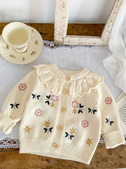 Baby Girls Flower Embroidery Ruffle Collar Knitted Cardigan Coat