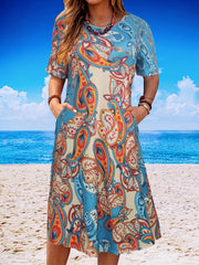  Paisley Print Short Sleeve Round Neck Dress
