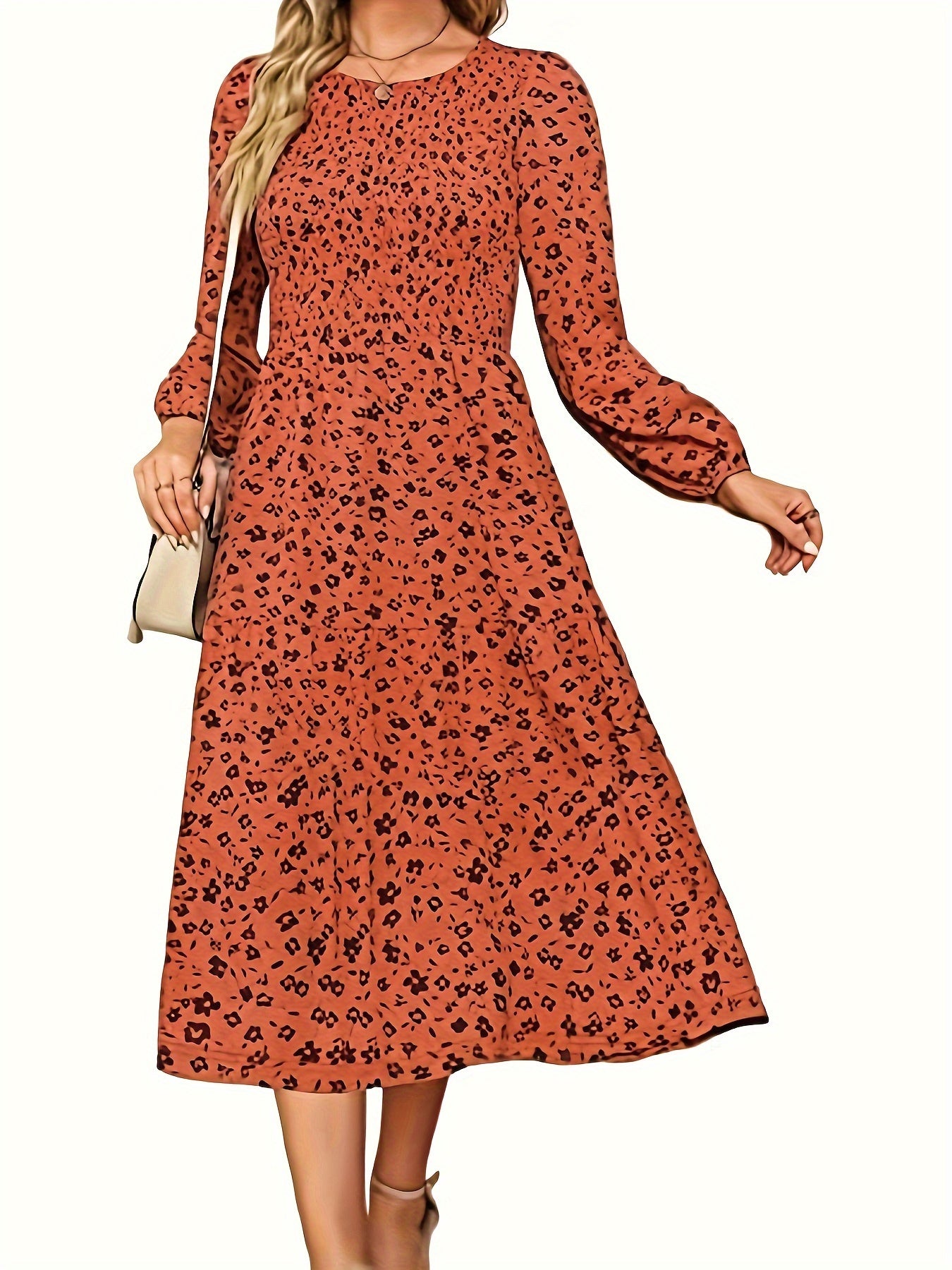  Boho Ditsy Print Long Sleeve Dress