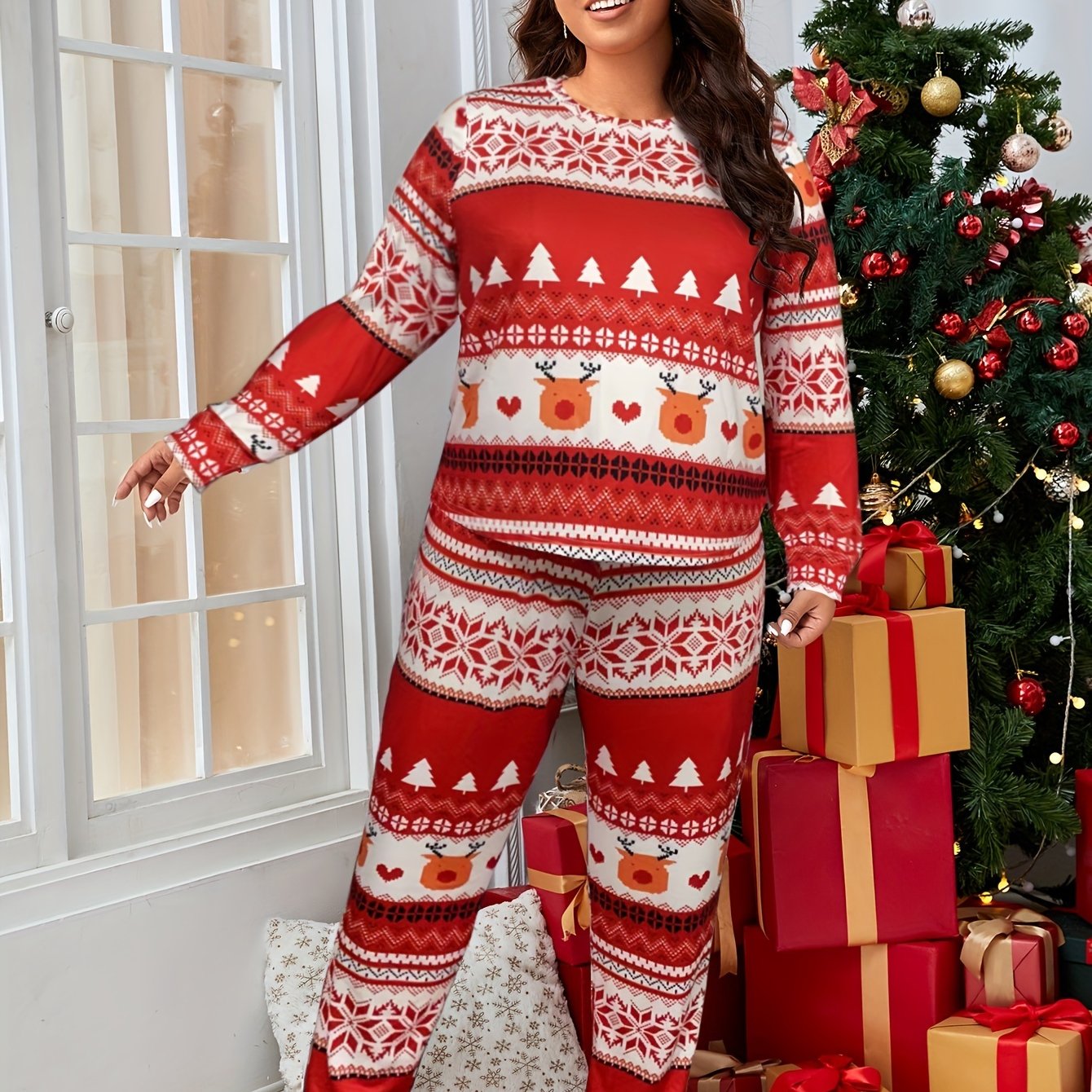  Christmas Loungewear Set Women's Plus Elk & Striped Print Tee & Pants
