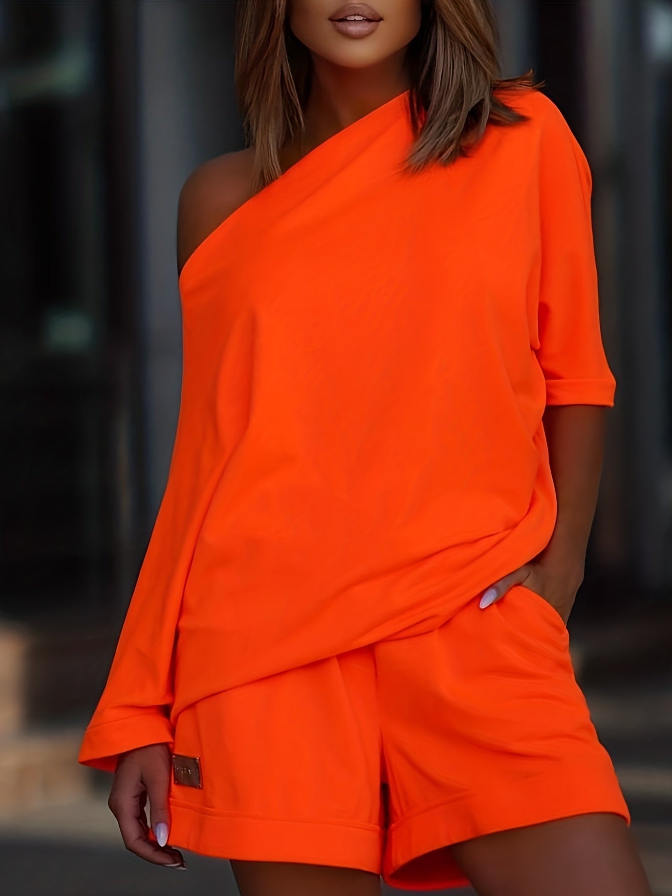 Casual Two Piece Set Slanted Shoulder Short Sleeve Tops & Wide Leg Shorts