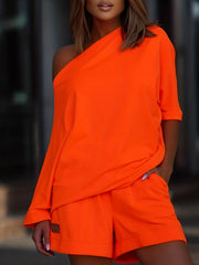 Casual Two Piece Set Slanted Shoulder Short Sleeve Tops & Wide Leg Shorts