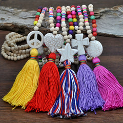 Colorful Beaded Tassel Long Necklace Stone Pendant Boho Summer Jewelry