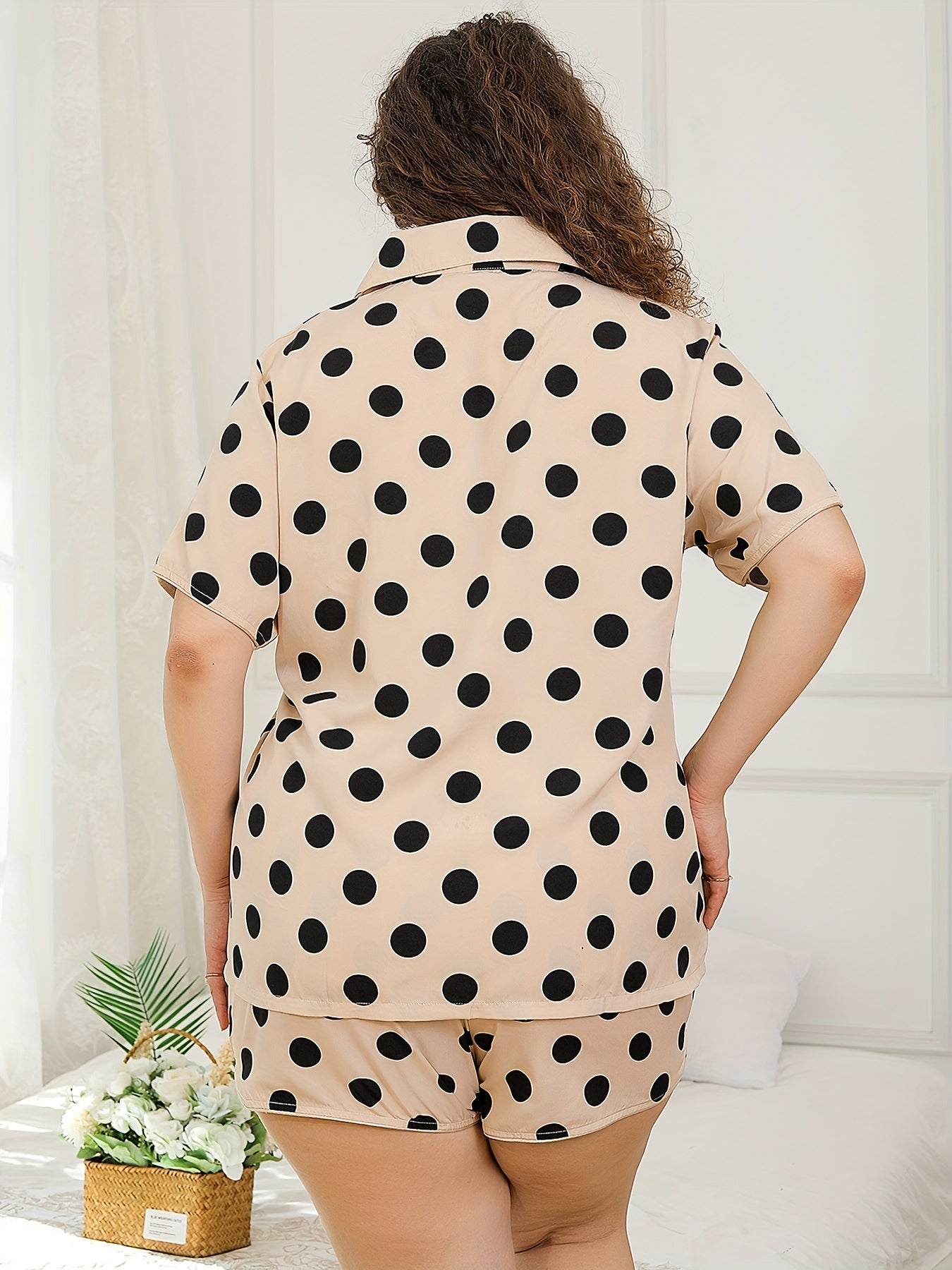  Polka Dot Pajama Set Women's Button Up Shirt & Shorts Lounge Two Piece