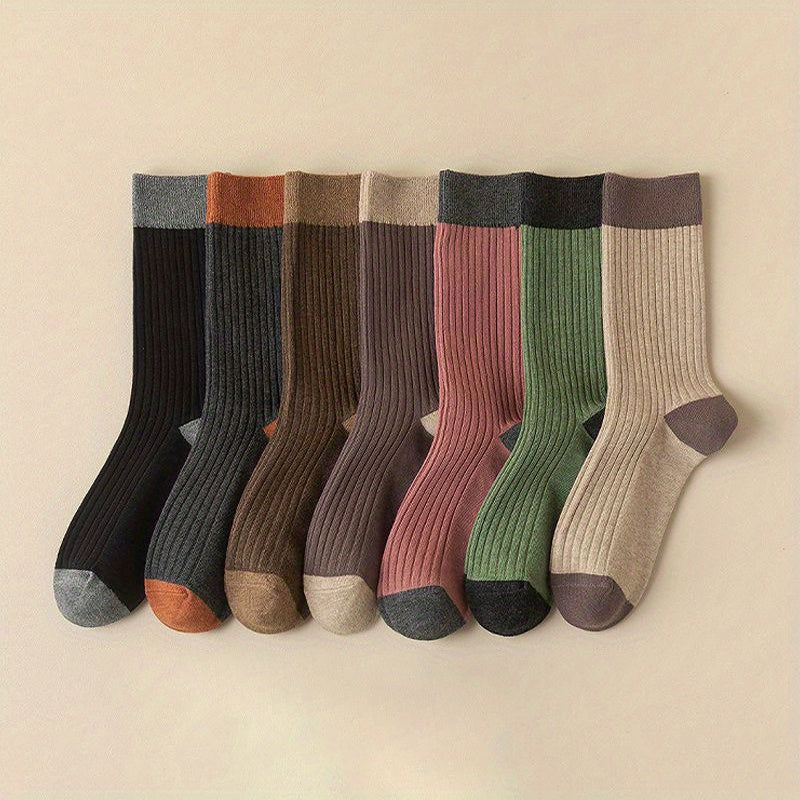 Colorblock Crew Socks 7 Pairs Women's Mid Tube Stockings