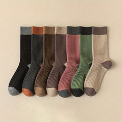 Colorblock Crew Socks 7 Pairs Women's Mid Tube Stockings