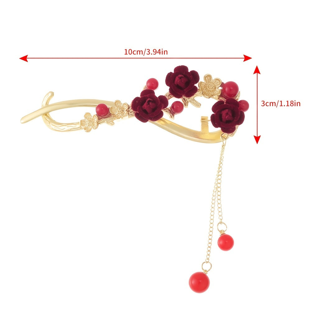 Red Plum Flower Hairpin Pearl Tassel Twist Clip Updo Clip