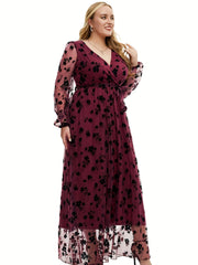  Women's Floral Print Surplice Neck Mesh Dress