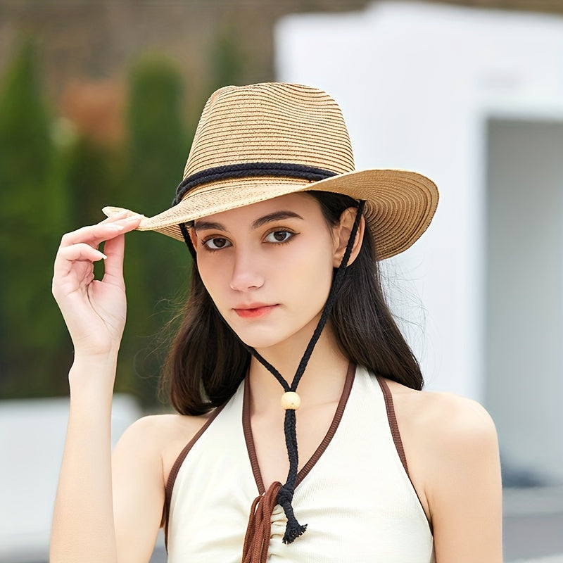 Boho Western Crochet Cowboy Hat Hollow Straw Fedora Cap