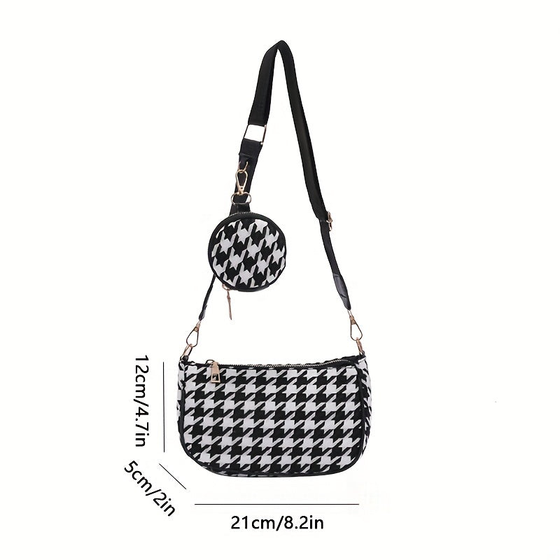 Stylish Houndstooth Shoulder Bag With Mini Round Purse