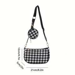 Stylish Houndstooth Shoulder Bag With Mini Round Purse