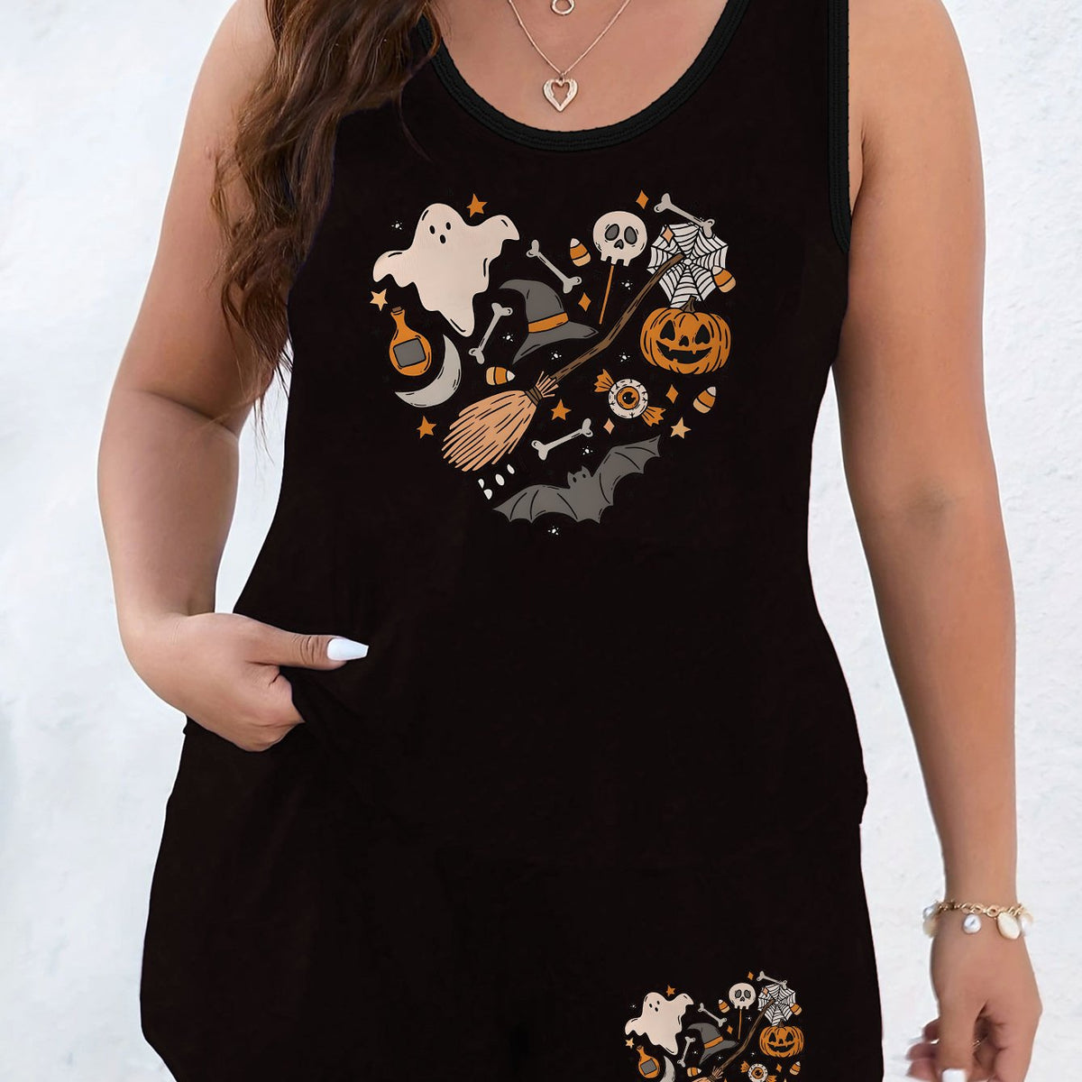  Halloween Lounge Set Women's Plus Ghost & Pumpkin & Bat Print