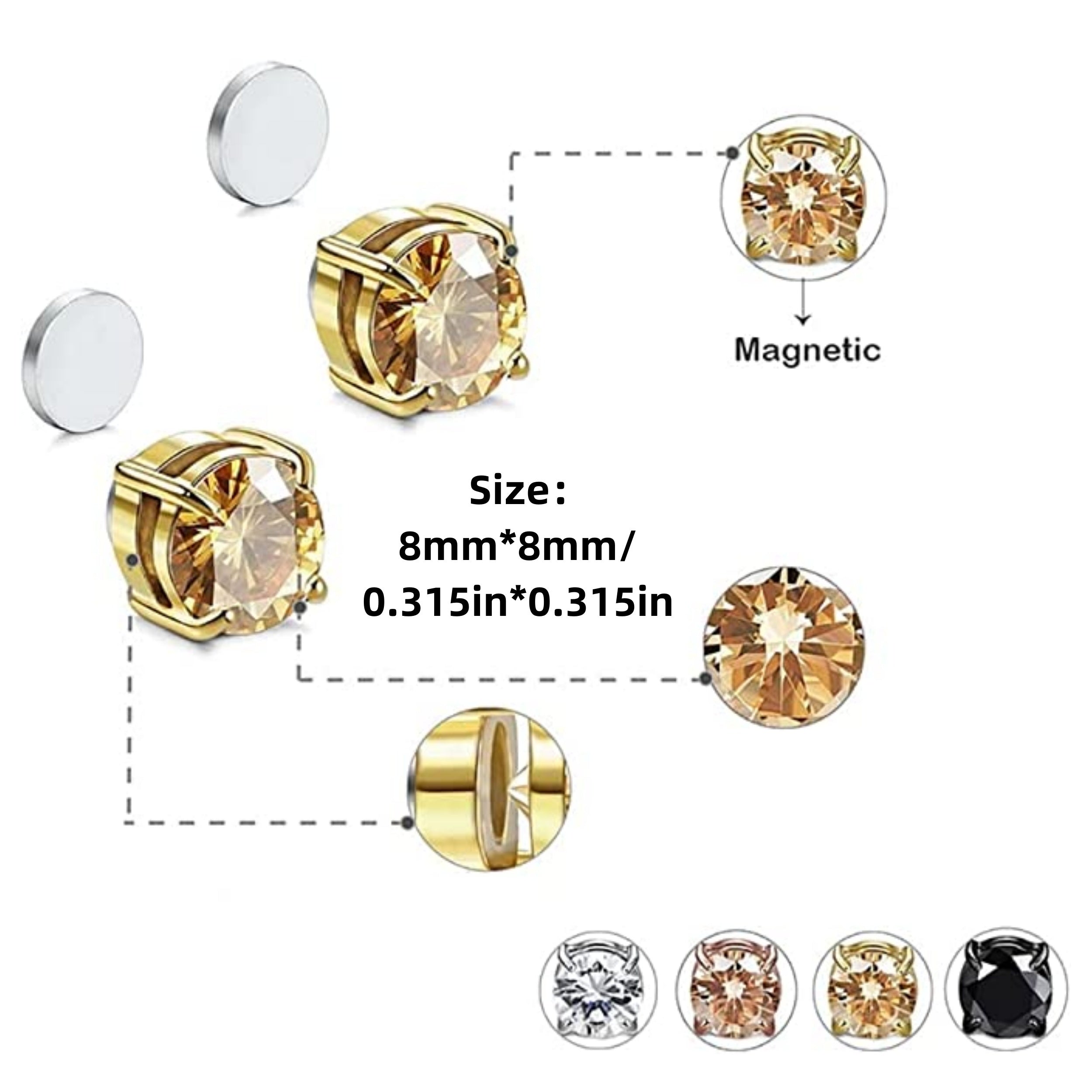 Stainless Steel Magnetic Stud Earrings CZ Magnet 6 8MM Christmas