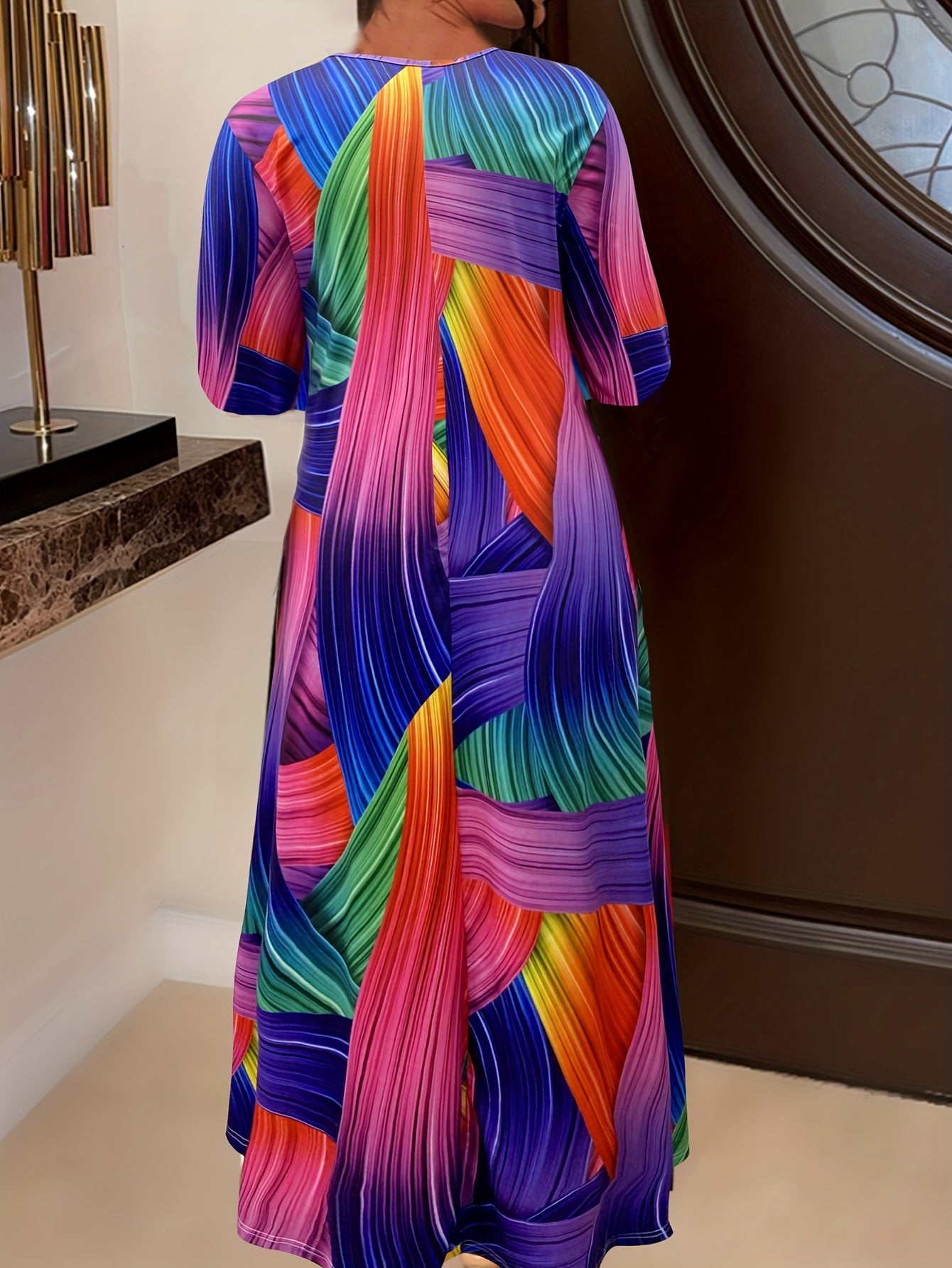  Striped Print Long Sleeve Maxi Dress
