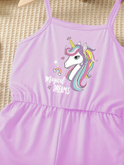 Girls Unicorn Print Bow Straps Cami Jumpsuit Kids Summer Clothes