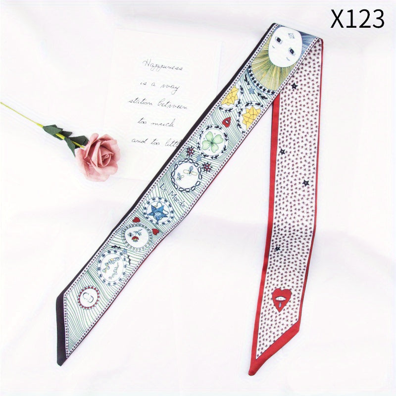 Flower Print Skinny Scarf Long Ribbon Neckerchief Silk Twilly Scarf