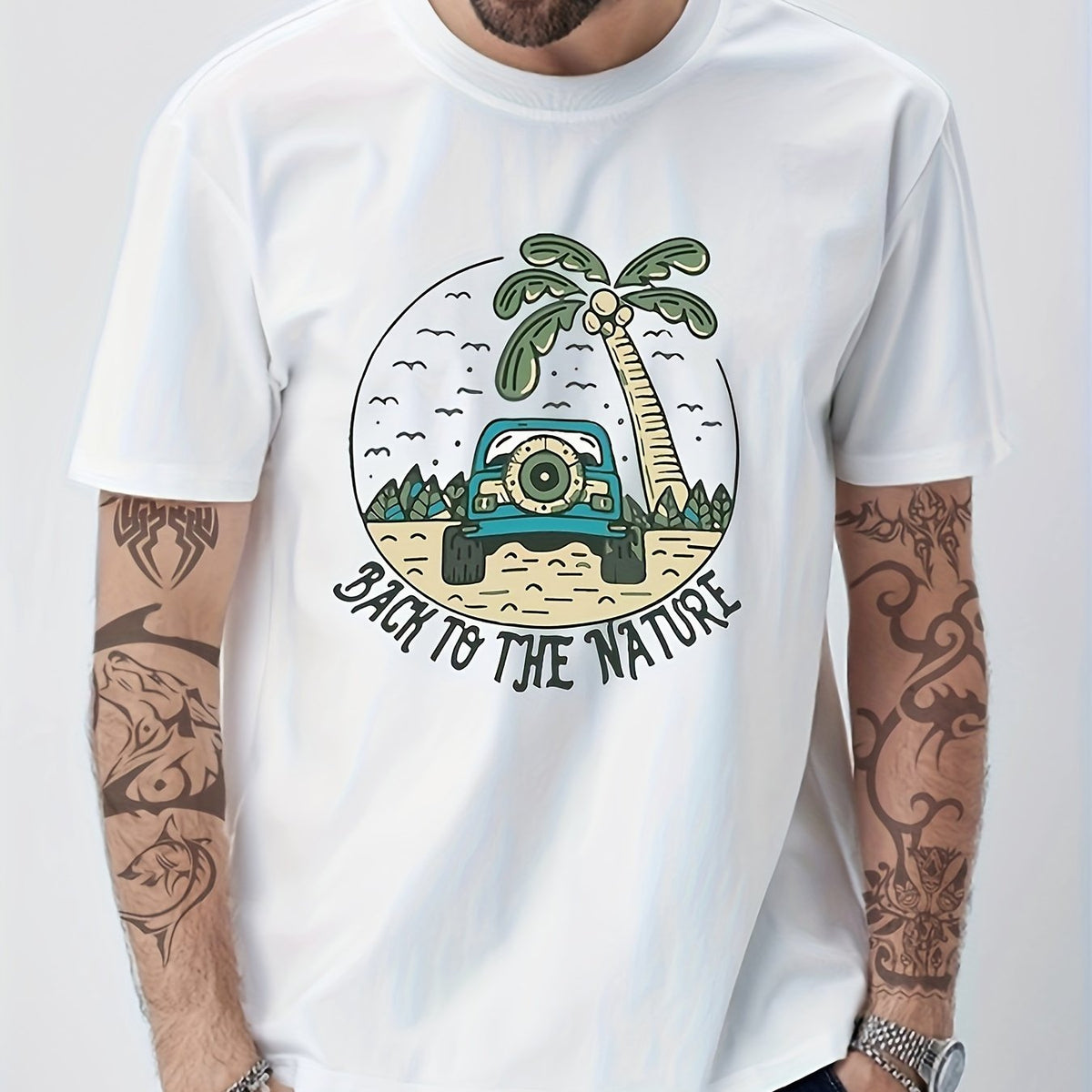 Cotton Beach Print Men's Crew Neck Tshirt Casual Tees for Summer