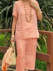  Solid Short Sleeve Top & Wide Leg Pants Set