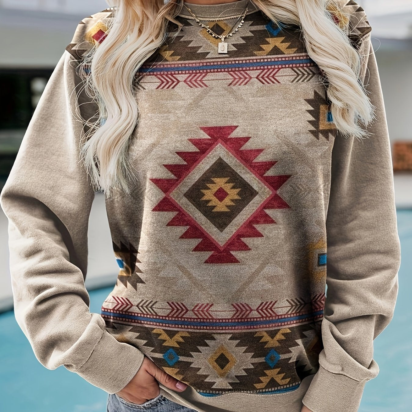 Western Style Print Sweatshirt Crew Neck for Women