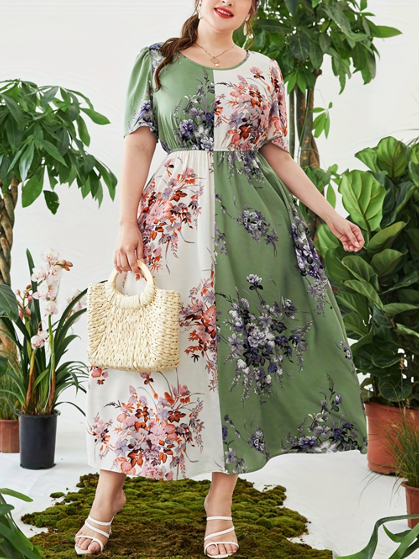  Boho Kaftan Dress Women's Plus Colorblock Floral Print Maxi Dress