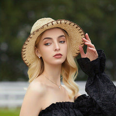Vintage Summer Straw Hat with Crochet Brim