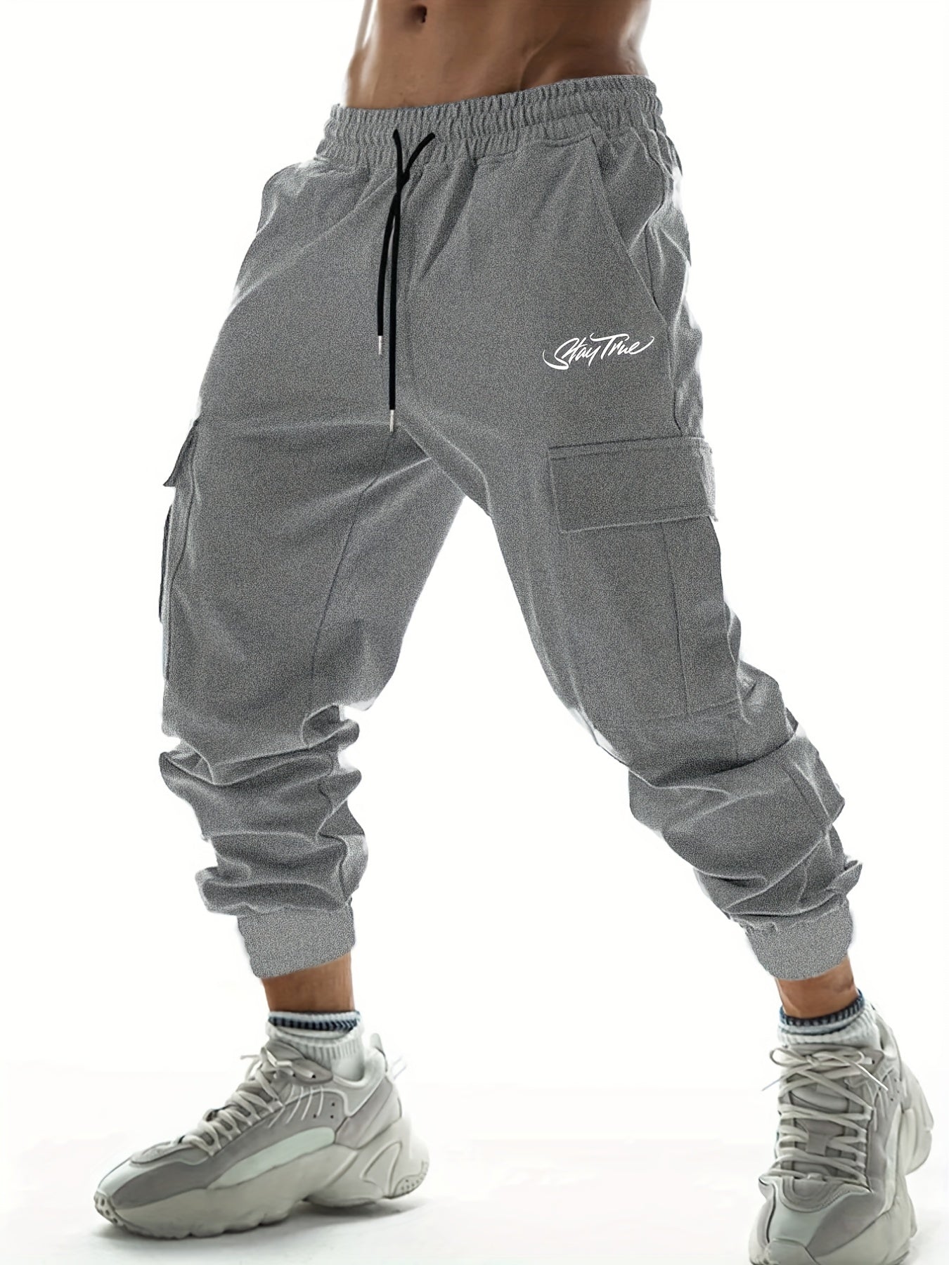 Stay Tune Letter Print Casual Side Pockets Drawstring Joggers Men s Cargo Pants