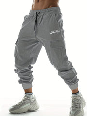 Stay Tune Letter Print Casual Side Pockets Drawstring Joggers Men s Cargo Pants