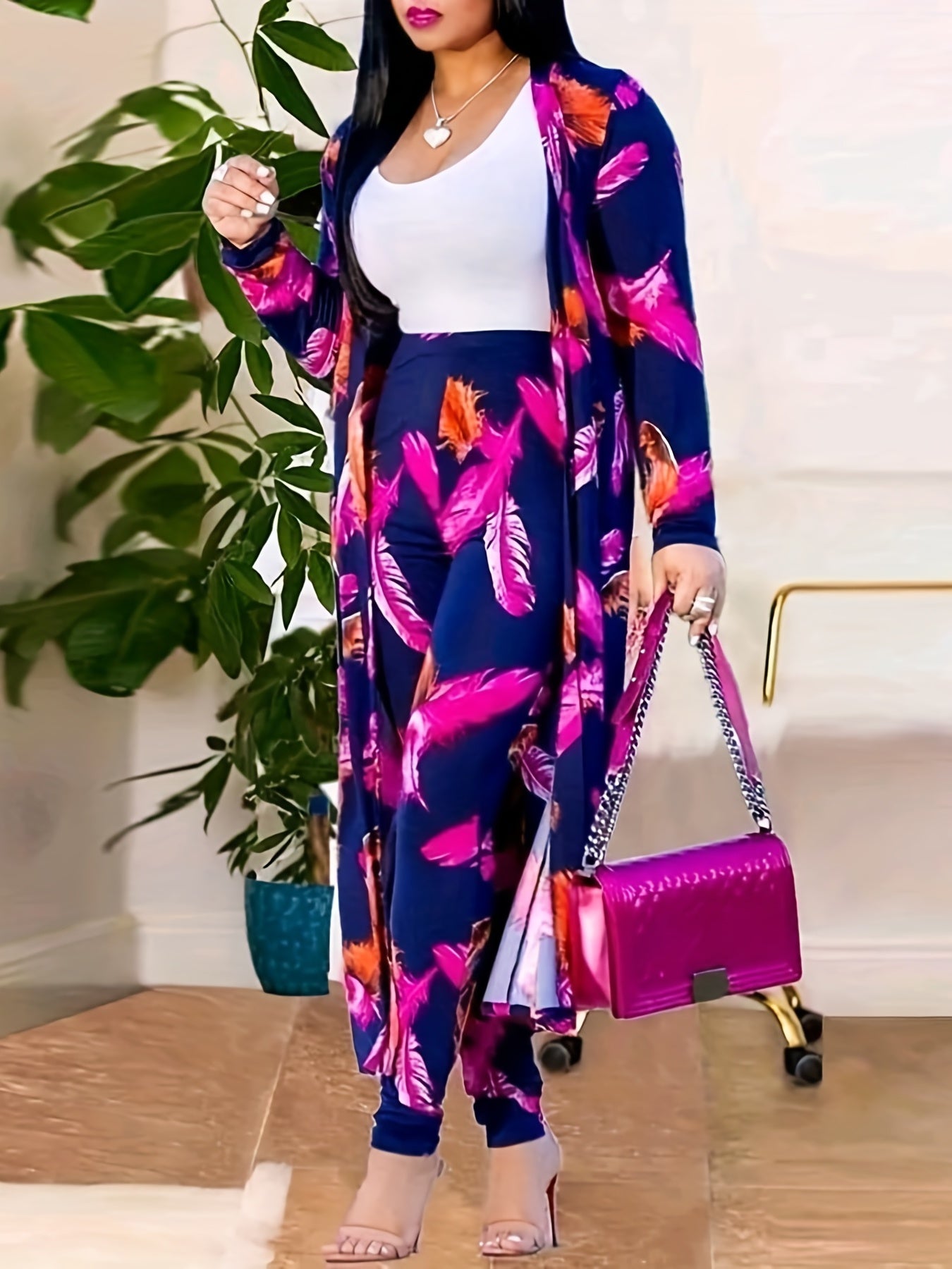  Tropical Print Cardigan & Pants Set