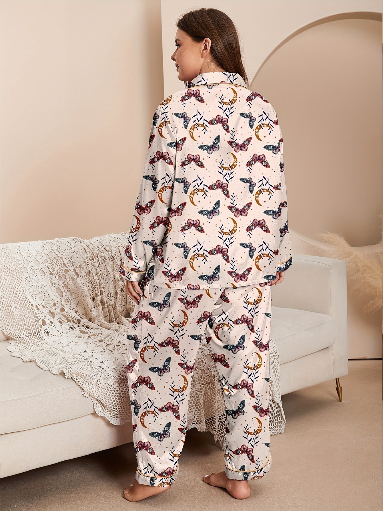 Retro Pajamas Set Women's Butterfly Moon Print Satin