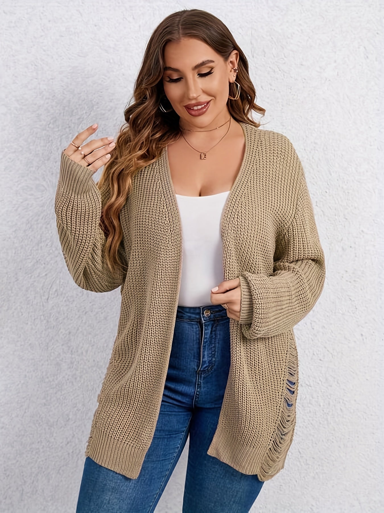  Solid Ripped Lantern Sleeve Open Front Cardigan