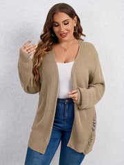  Solid Ripped Lantern Sleeve Open Front Cardigan