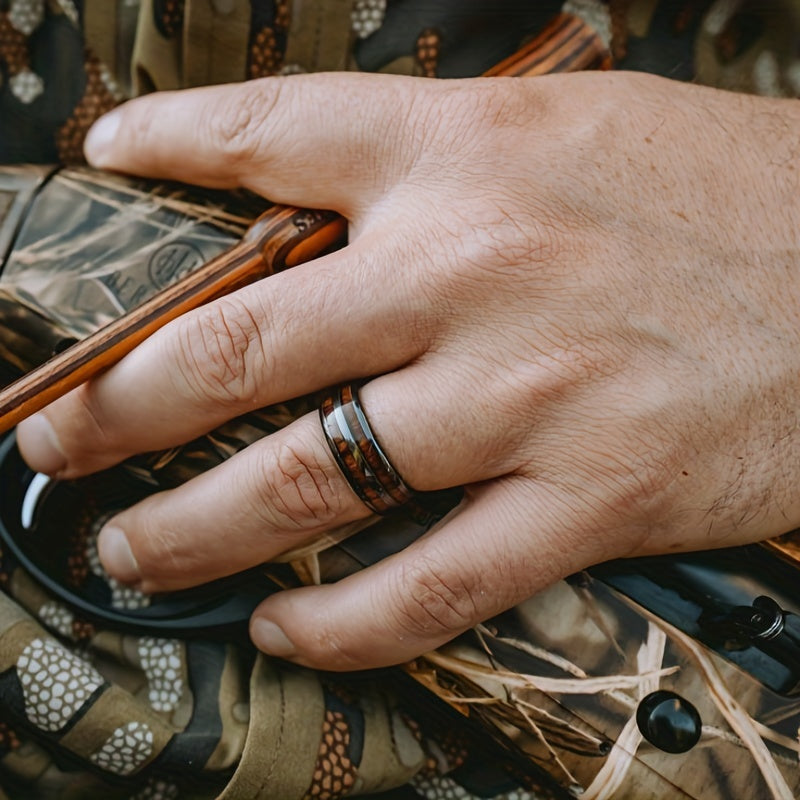 Wood Inlay Whiskey Barrel Ring Men's Wedding Band Women's En