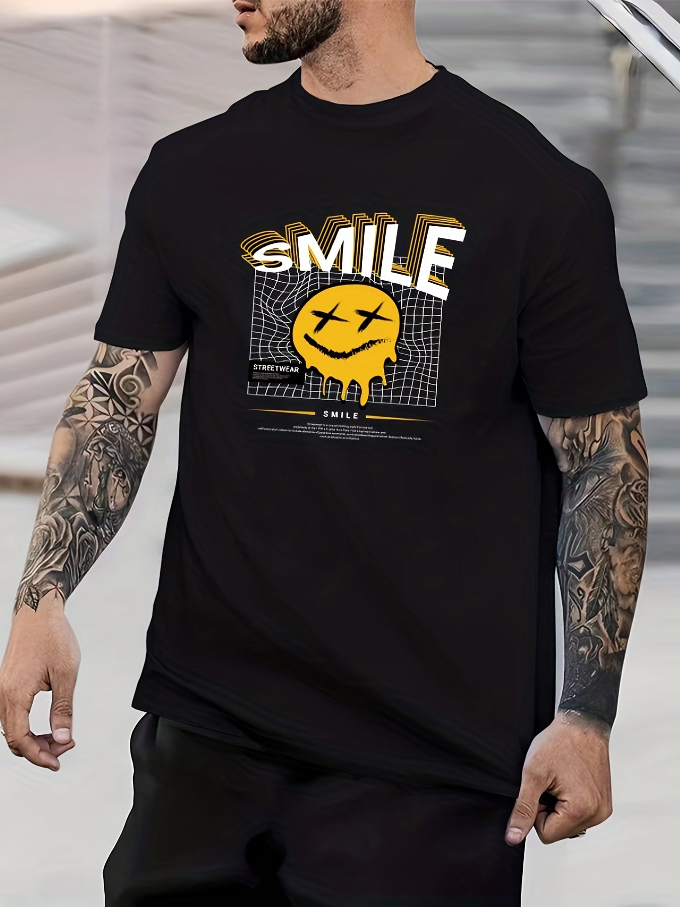 Cartoon Smile Face Number 17 Print Men's Graphic Crew Neck T shirt