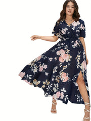  Boho Dress Floral Print Maxi Ruffle Sleeve Split