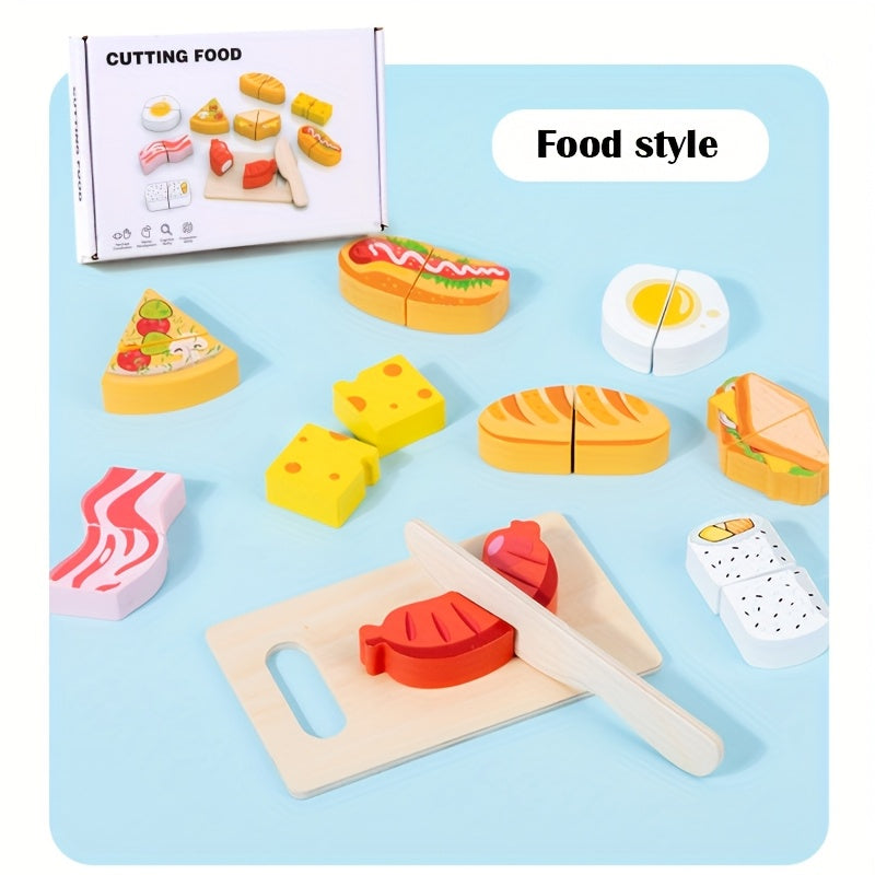 Wooden Reusable Play Kitchen Set with Fruits, Seafood, Desserts, and Cutting Kit