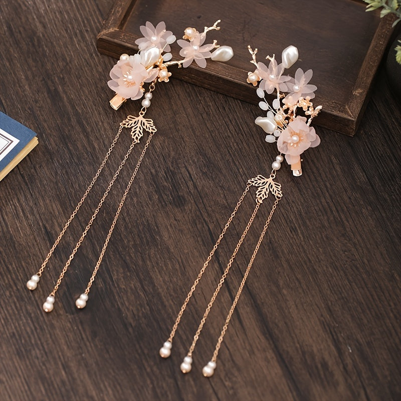 Chinese Style Hanfu Hairclip Faux Pearl Flower Tassel Hairpin