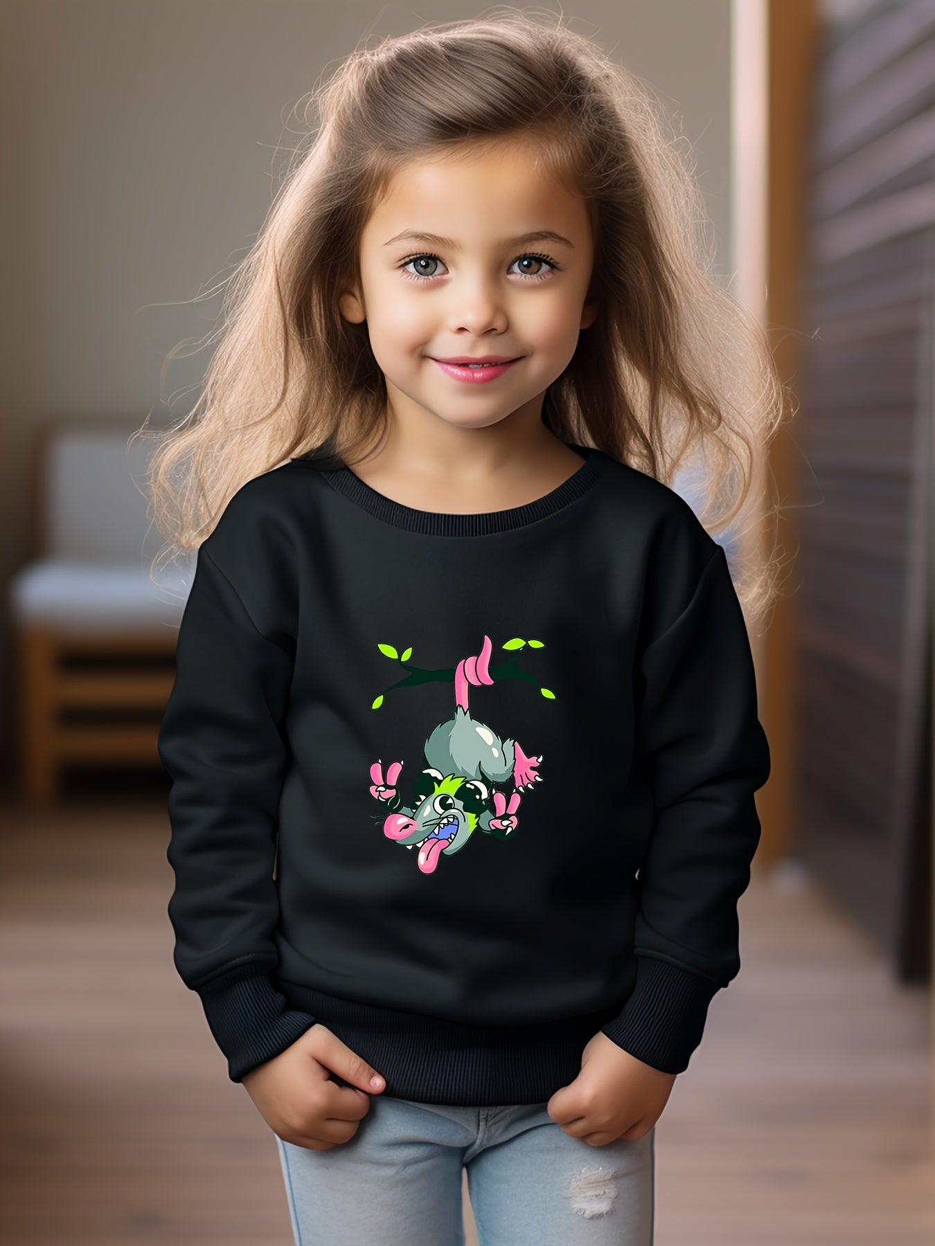 Breathable Mouse Graphic Crew Neck Sweatshirt for Girls